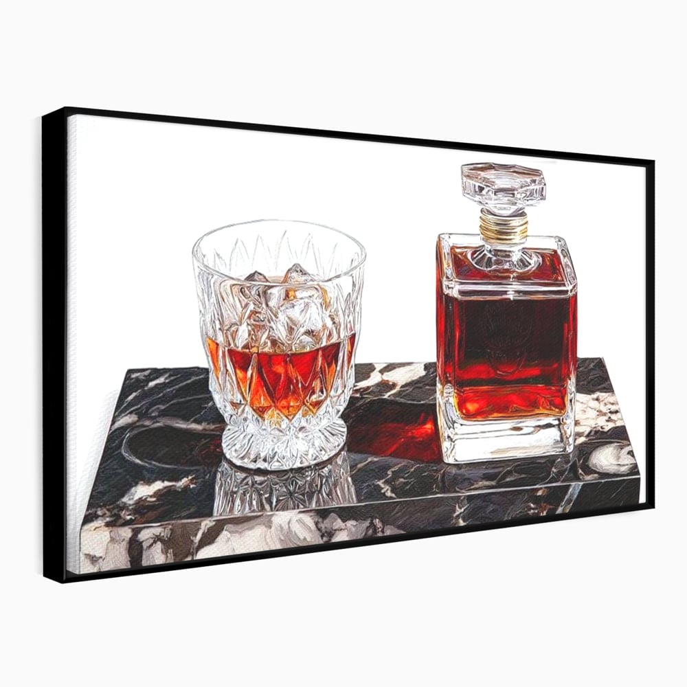 Tablou canvas cu tablou canvas cu pahar de whisky si carafa, in rama de aluminiu negru